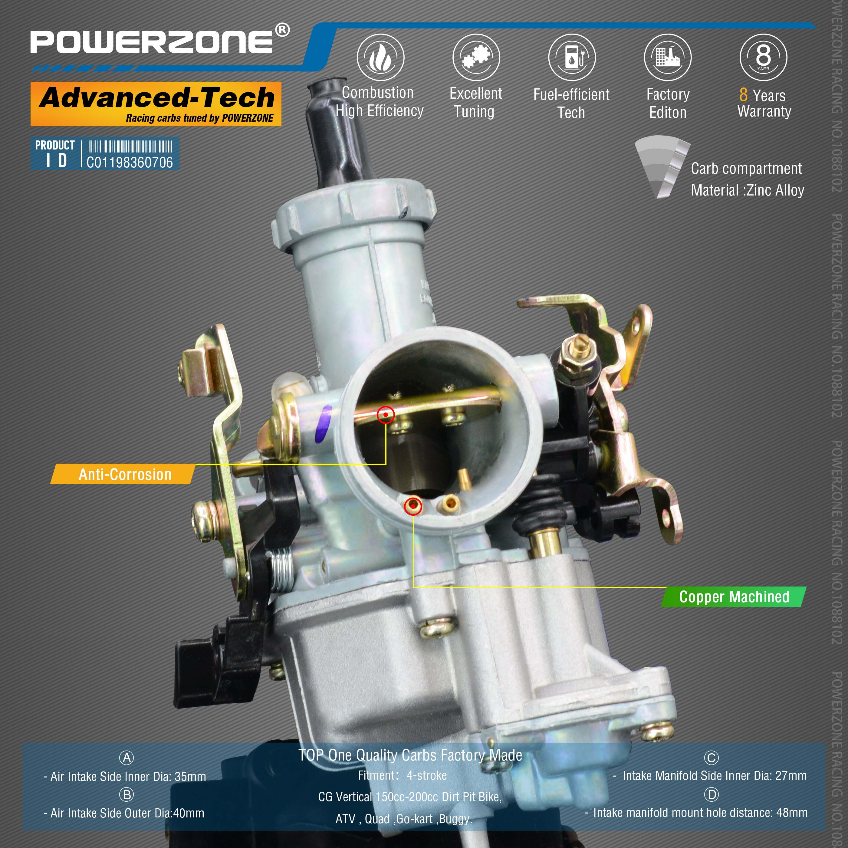 Powerzone Carburetor PZ27B 27mm CVK Accelerator Pump Carb For CG Vertical 150cc-200cc Dirt Pit Bike,ATV,Quad ,Go-kart ,Buggy