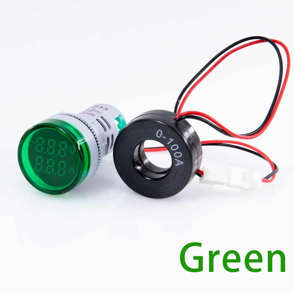 Mini Digitale Voltmeter Amperemeter 22Mm Ronde Ac 50-500V 0-100A Amp Volt Voltage Tester Meter Dual Led indicator Pilot Lamp Licht: Green