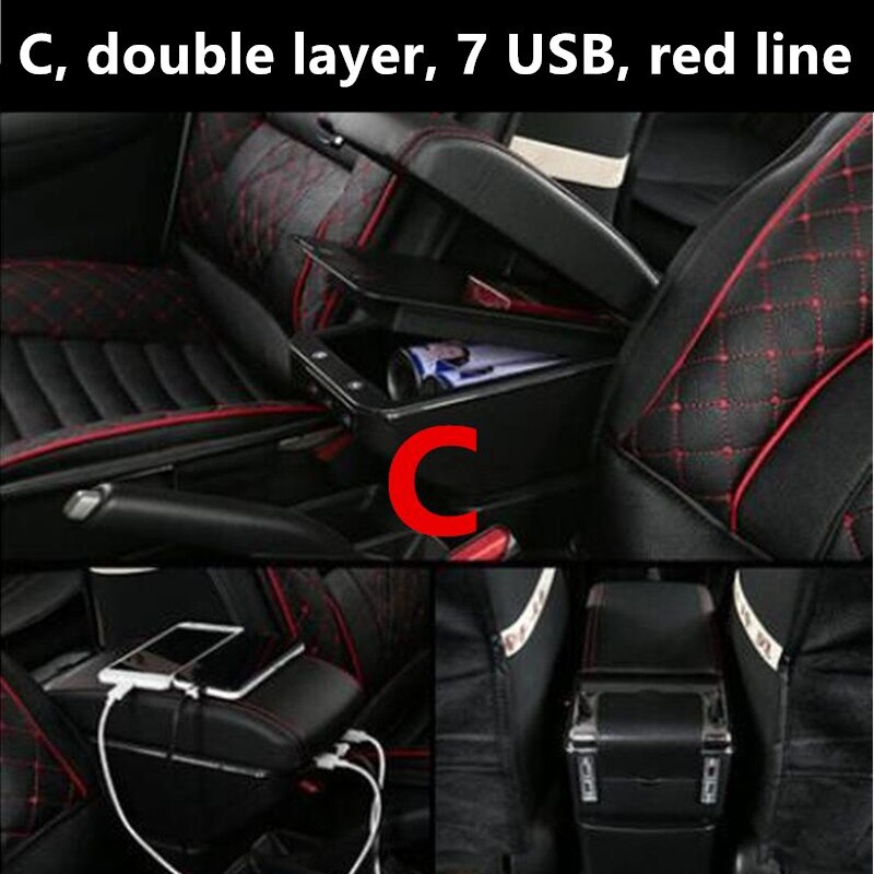 Til renault captur kaptur  qm3 dobbeltlags armlæn armlæn midterkonsol bakke opbevaringsboks kopholder: C sort rød linje