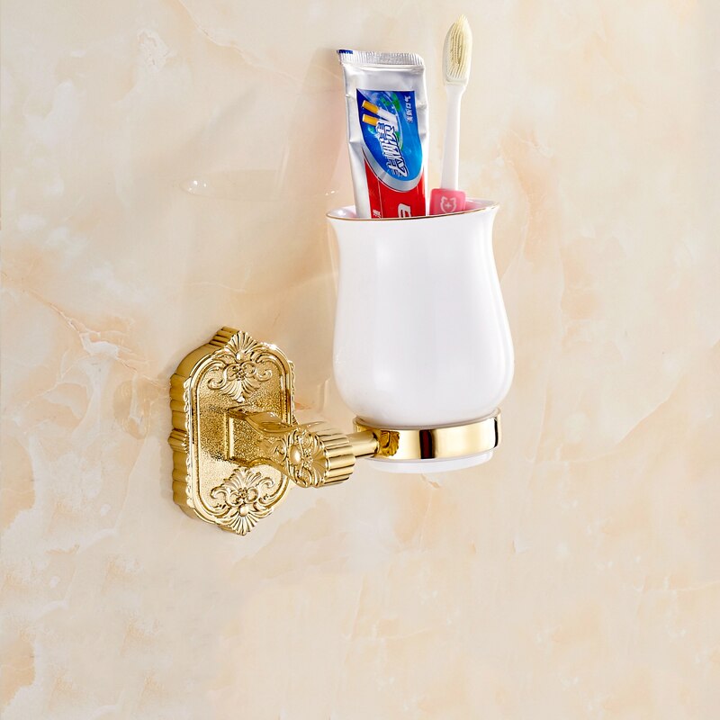 Antieke badkamer enkele bekerhouder massief keramiek retro gesneden brons gouden houder tandenborstel beker- en bekerhouders wit  -618