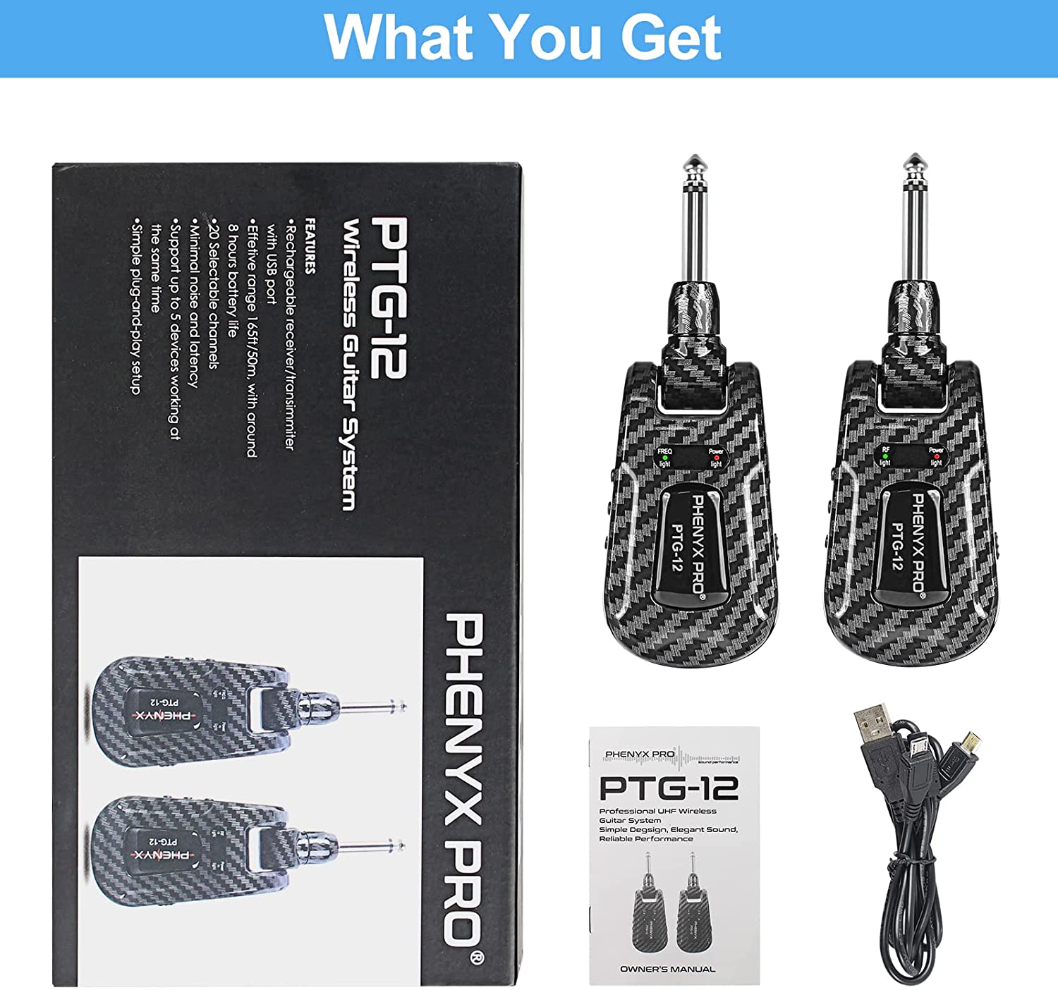 Phenyx Pro Wireless Guitar System, Rechargeable UHF Transmitter And Receiver Set, 20 Selectable Channels: Default Title