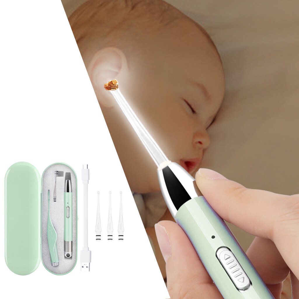 Ear Cleaner Ear Wax Removal Tool Flashlight Earpick Ear Cleaning Earwax Remover Ear Curette Light Spoons: Green 2Pcs