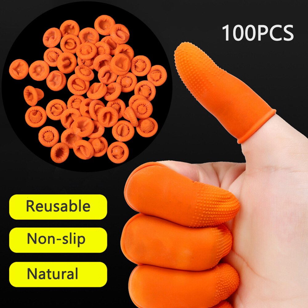 100PCS Finger Cots Orange Reusable Natural Rubber Latex Non-slip Finger Cover Fingertip Protector Industry Gloves Nail Art Tool