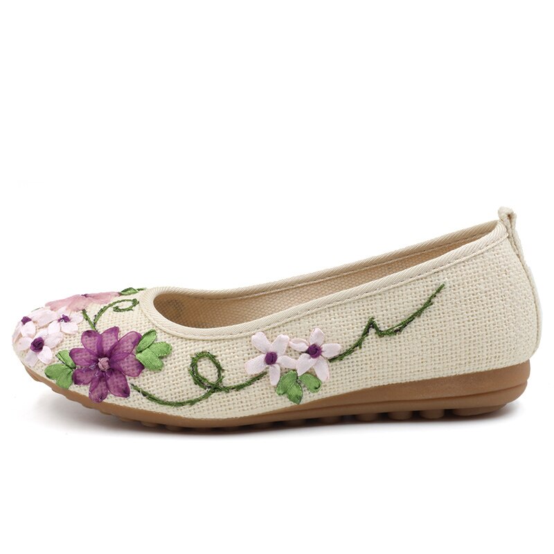 National Hemp Linen Women Flats Casual Shoes Ladies Flower Embroidered Shoes Mother Flat Shoes Female SNE-670