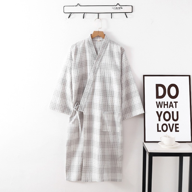 Albornoz para parejas de estilo fino de primavera y verano, batas tipo kimono con a cuadros, albornoces de algodón Jacquard tejidos de Color: XL / Gris