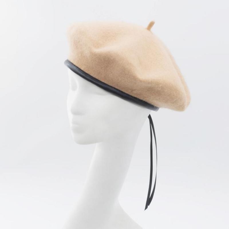 Cokk uld baret efterår vinter hatte til kvinder ensfarvet flad maler cap uld baret med pu læder boina feminina beanie hat