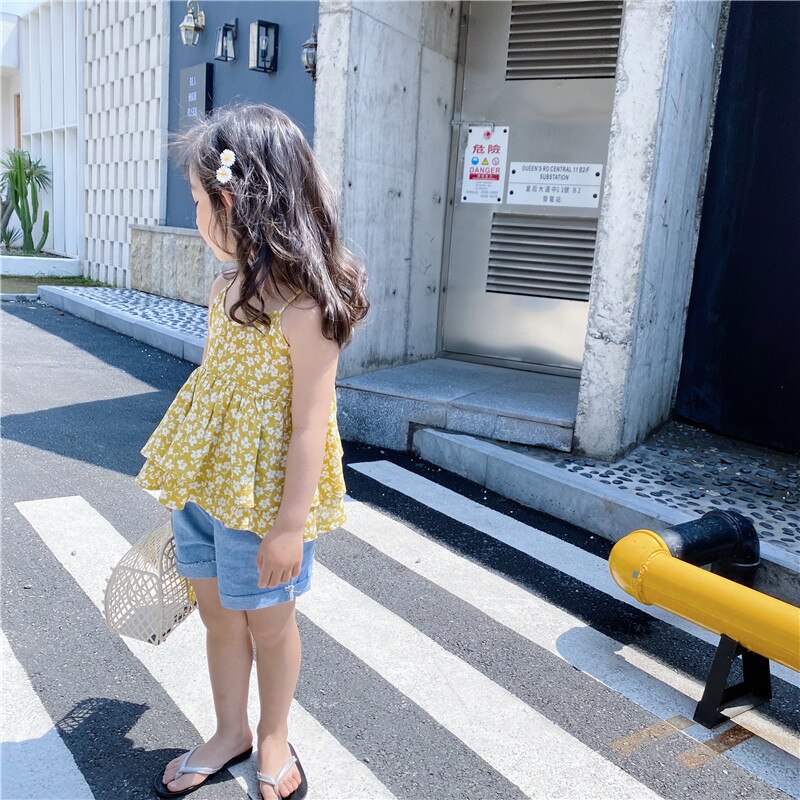 Wlg piger bluse børn sommer blomsterprint gul strop skjorter baby pige søde toppe til 1-6 år