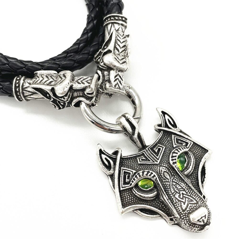 Vintage Groene Ogen Wolf Amulet Hanger Gothic Accessoires Viking Ketting Dubbele Wolven Heads Lederen Ketting Sieraden Voor Mannen