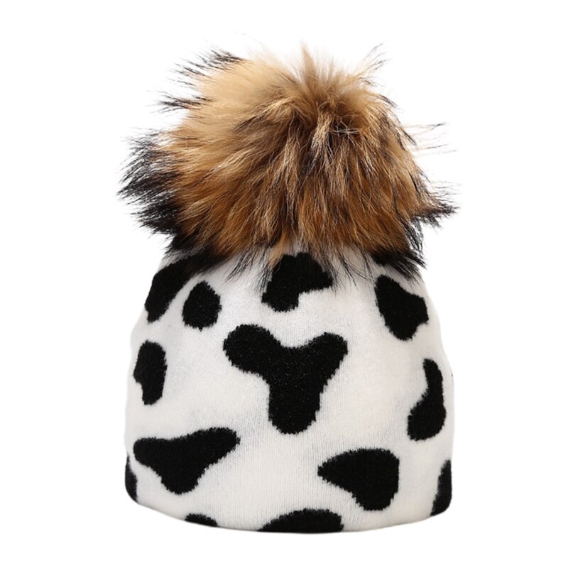 Unisex schattige koe zebra print muts afneembare pompon warme gebreide schedelmuts: A