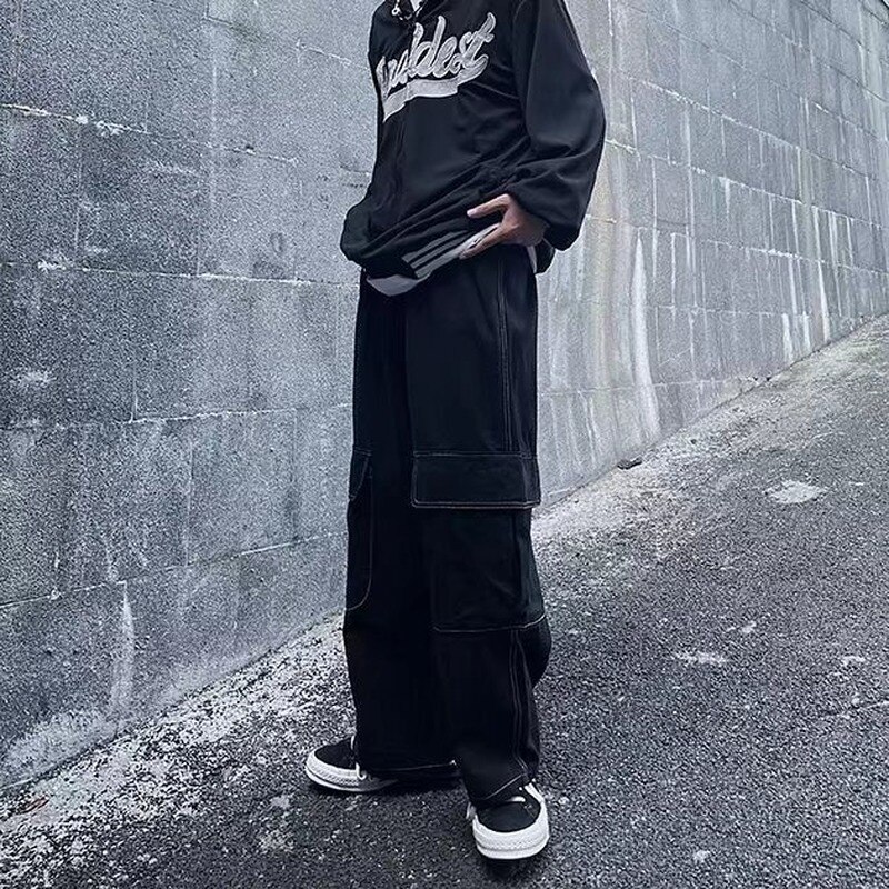 HOUZHOU Black Cargo Pants for Men Baggy Wide Leg Trousers Male Autumn Men&#39;s Cargo Trousers Japanese Streetwear Hip Hop Harajuku