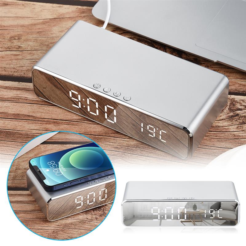 LED Electric Alarm Clock With Phone Charger Wireless Desktop Digital Thermometer Clock HD Clock Mirror With Time Memory