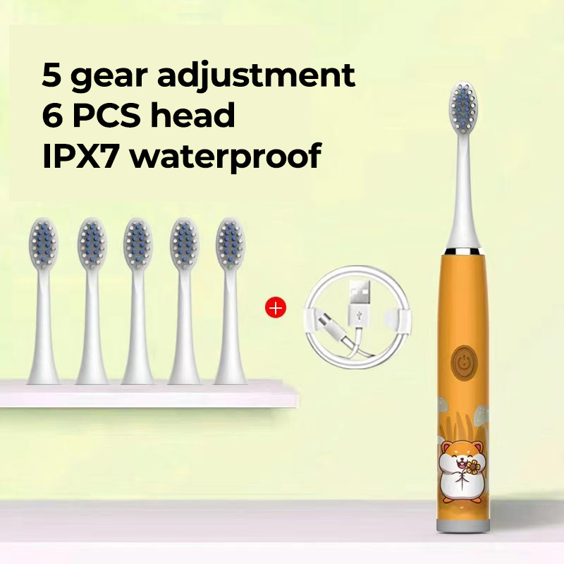 Children Sonic Electric Toothbrush Colorful Cartoon For Kids Ultrasonic Soft Fur Automatic Waterproof With Replacement Heads: Orange