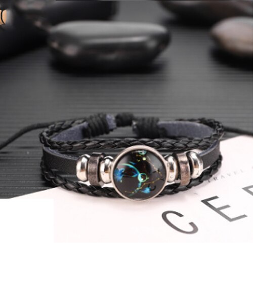 Læderarmbånd til kvinder rustfrit stål par armbånd kæde tolv konstellationer mænd armbånd mandlig tilbehør boho smykker: Fiskene