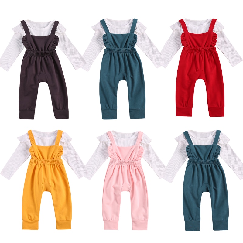 FOCUSNORM 0-24M Autumn Infant Baby Girls Boys Clothes Sets Solid Ruffles Long Sleeve Romper Tops+Bib Overalls Pants 5 Colors