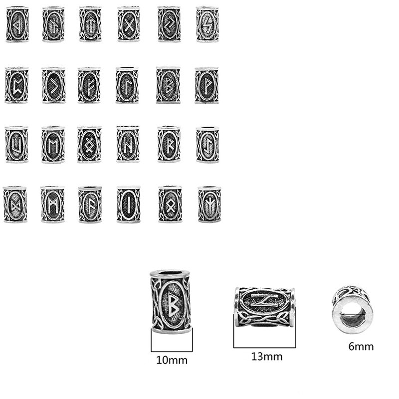 1 set viking runor lösa pärlor stort hål tiwaz tyr sol rune odal futhark runa spacer pärlor för hår pärlor gör själv smycken: Antiksilver 24 st