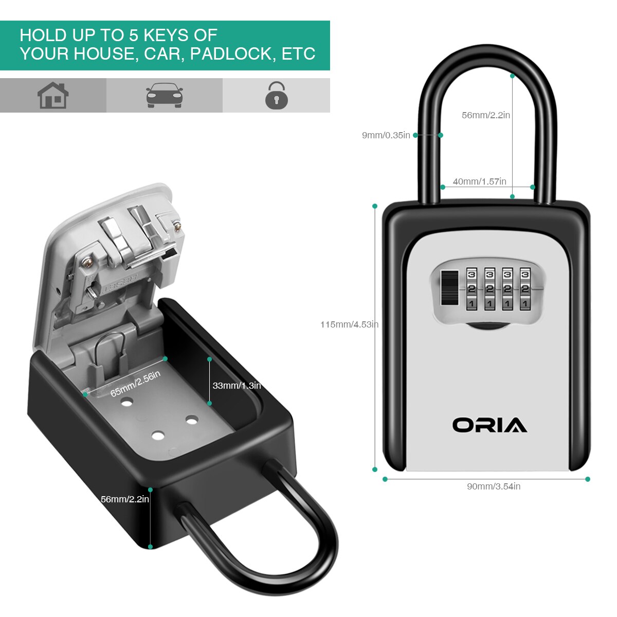 ORIA 4 Digit Key Lock Box Wall Mounted Key Storage Safe Box Waterproof with Removable Shackle for Indoors and Outdoors