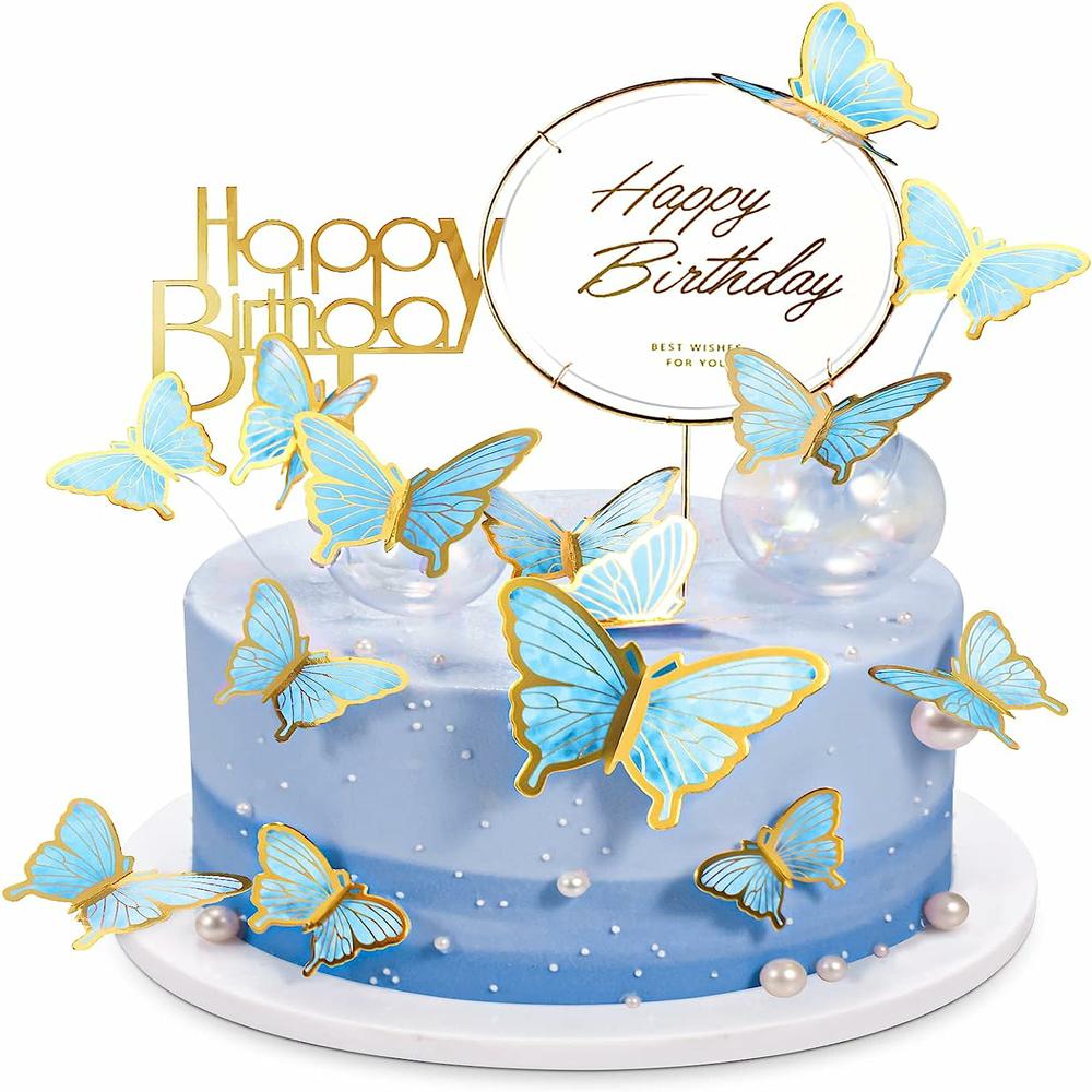 22 piezas de decoraciones de mariposas con adornos acrílicos para tarta para decoración de de cumpleaños, boda y Baby Shower: Azul