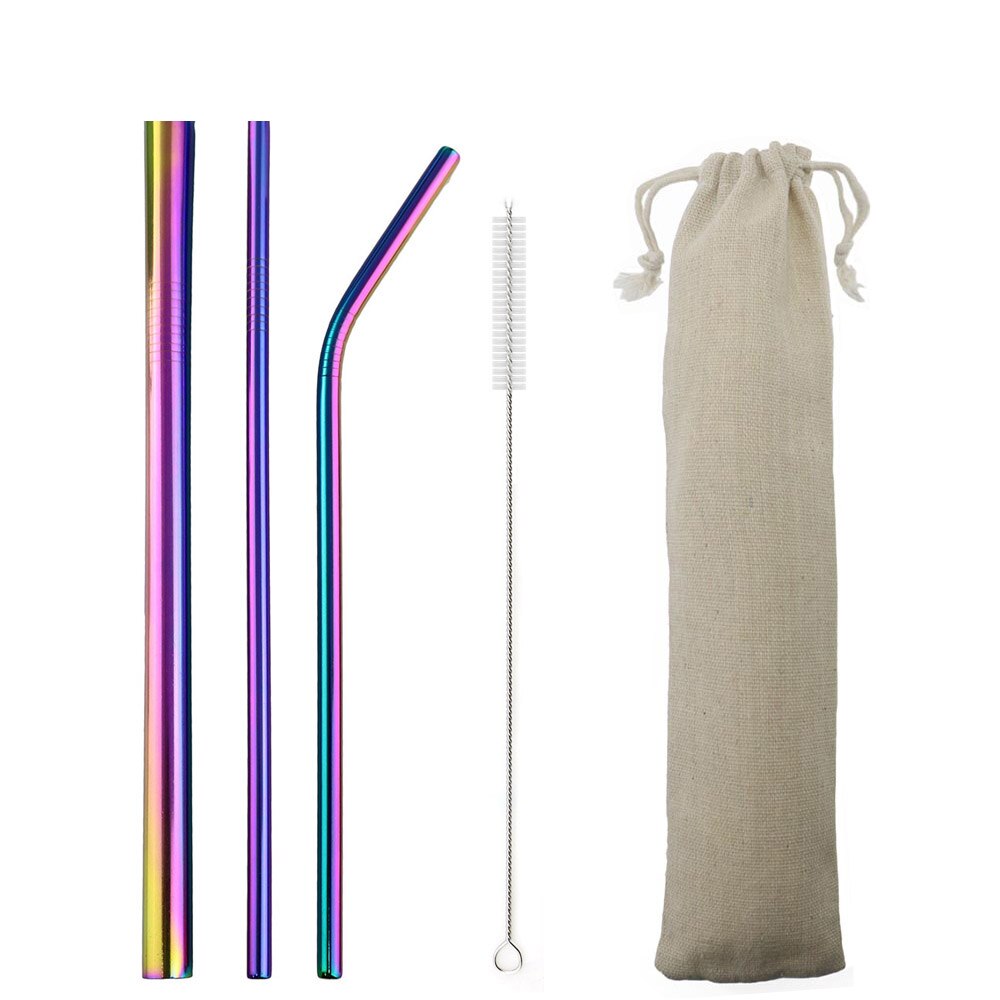Multi 5-Pcs Eco Friendly Reusable Straws Set 304 Stainless Steel Straw Metal Smoothies Drinking Straws Set with Brush Pouch Bag: Rainbow