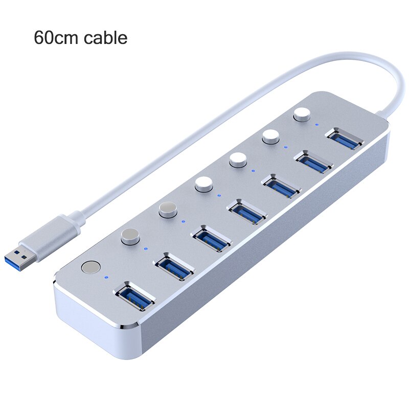 Aluminium 7-Port Usb 3.0 Hub 60/120Cm Kabel Sub-Schakelaar 5Gbps Led Indicator hub Oplaadbare Splitter Voor Multi Usb Apparaten: Silver 60cm