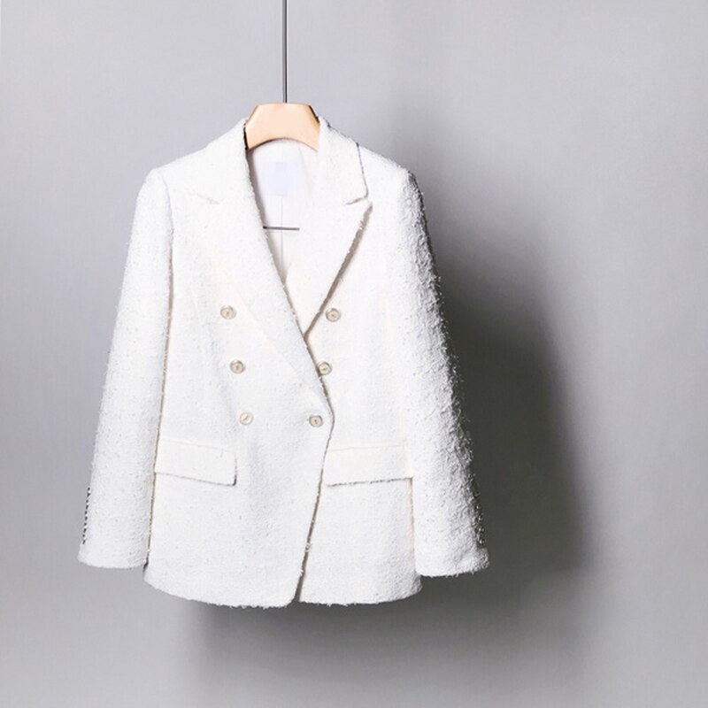 Tweed veste longues manches femme, Blazer de bureau femme Double boutonnage blanc noir veste femme veste printemps automne: white / M