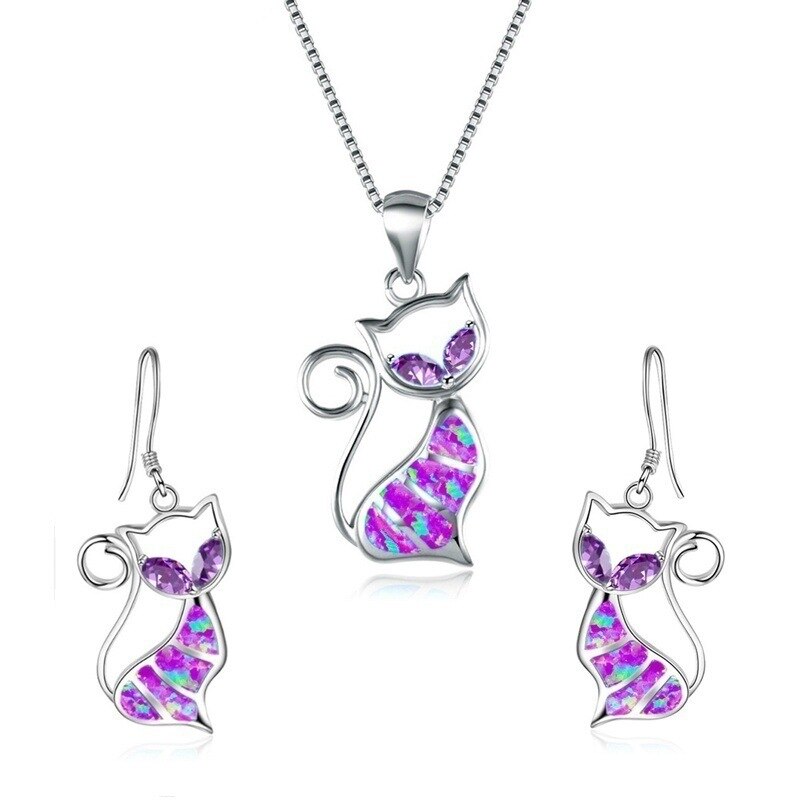 Modieuze Stijl Dier Accessoires Set Leuke Kat Hanger Ketting Oorbellen Vrouwen Bruiloft Engagement Verjaardag Partij Sieraden: Purple