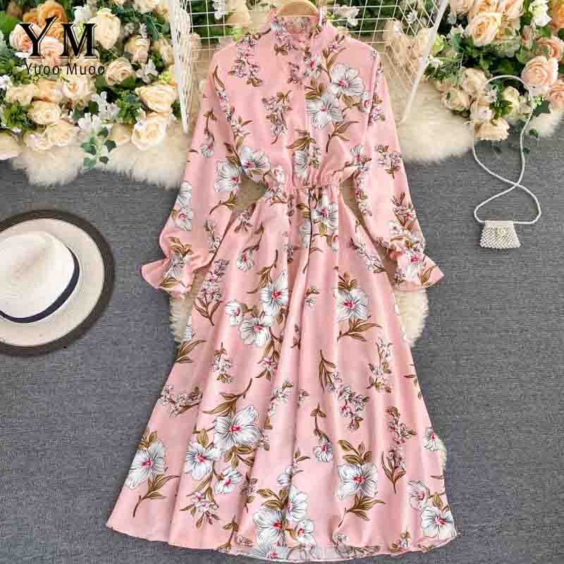 Yuoomuoo kvinder retro blomstret kjole stander krave slank lang vestidos forår efterår chiffon langærmet kjole femme: Lyserød