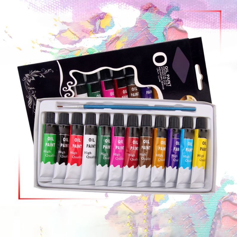 12 Colors Oil Painting Paint Drawing Pigment 12ml Tubes with Brush Set Artist Art Supplies for Beginner