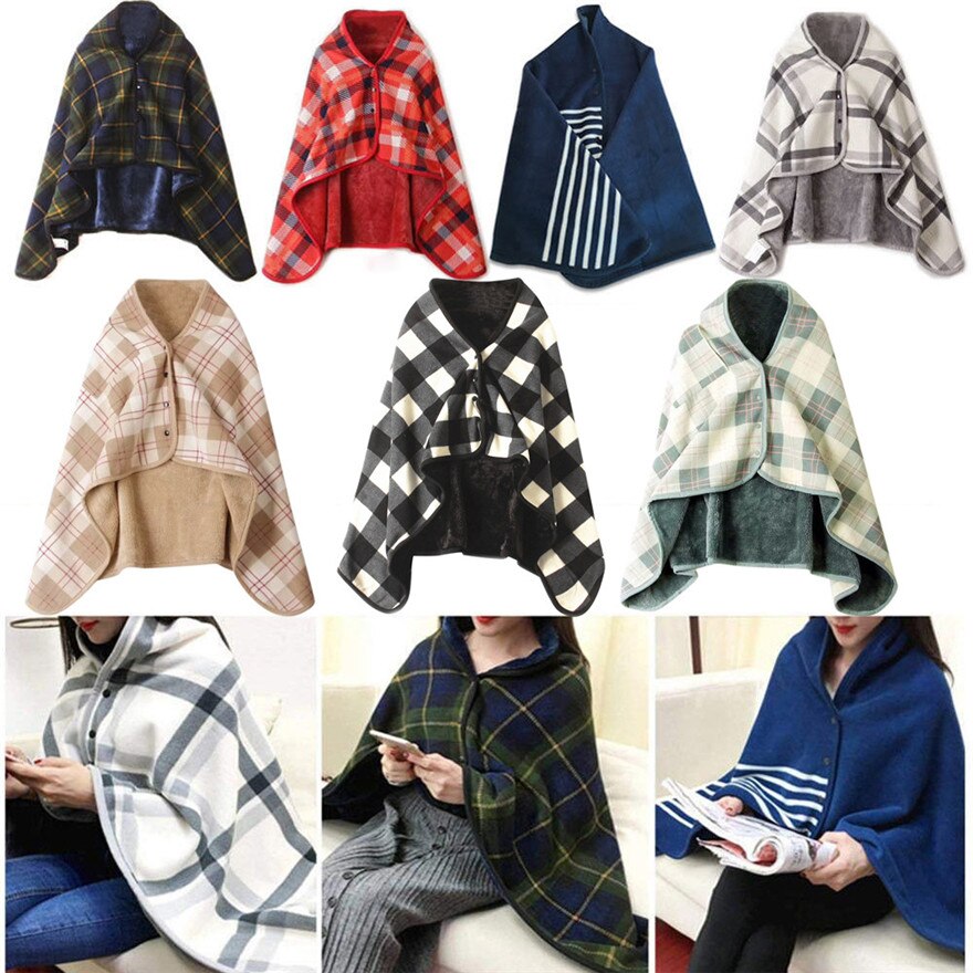 Plaid warm flanel + polar fleece deken kantoor benen knie gooi lui Wrap shawl wearable dikke deken met knop # wqy516