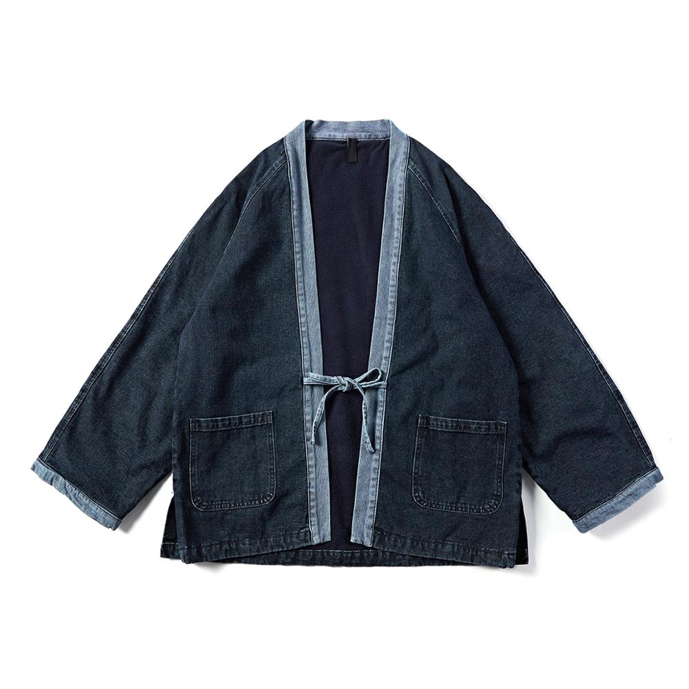 Mørkt ikon ensfarvet denim kimono mænd åben søm fleece inde i mænds jakker overtøj jean jakke streetwear: Xxl