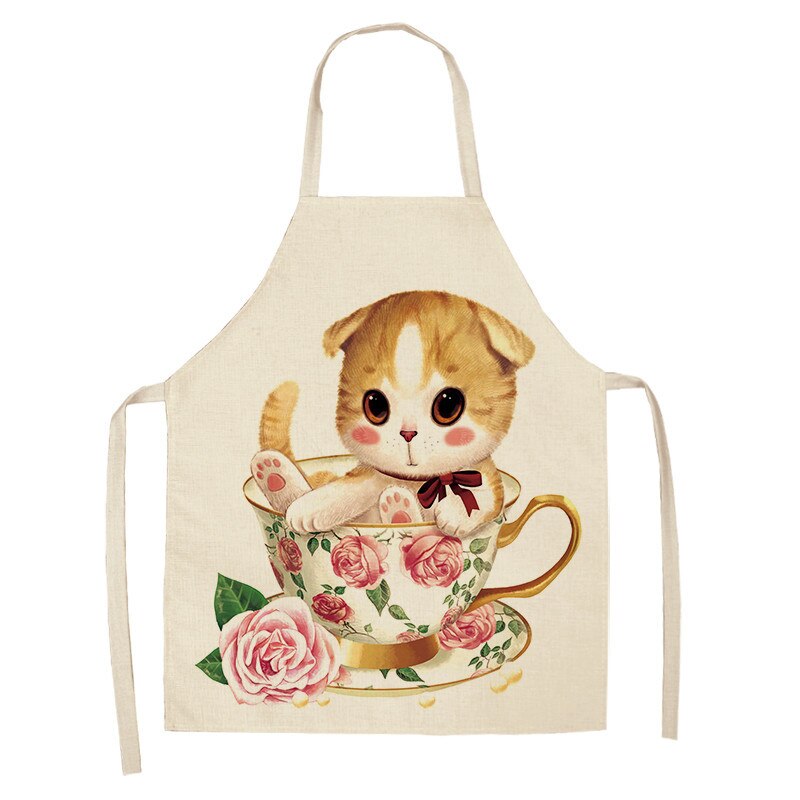 Keukenschort voor vrouwen, schattige cartoon kat bedrukt, mouwloze katoenen linnen schorten voor koken, schoonmaakgereedschap 53*65cm: A