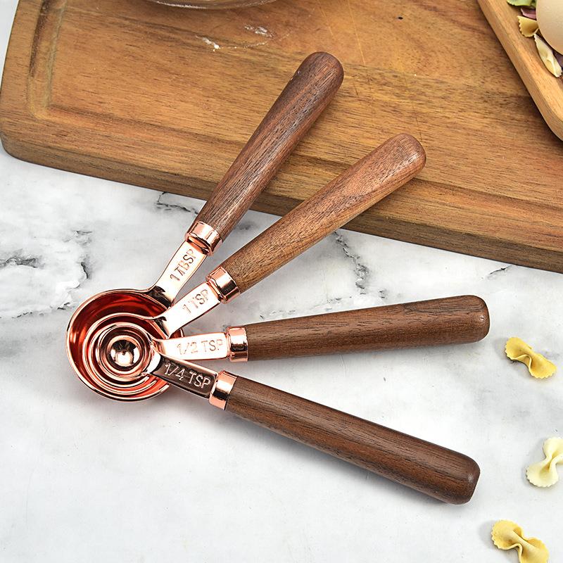 4Pcs/8Pcs Kitchen Measuring Spoons Rose Gold Plating Measuring Cups Spoon Walnut Wooden Handle Rose Gold Measuring Scoop: 4Pcs-S