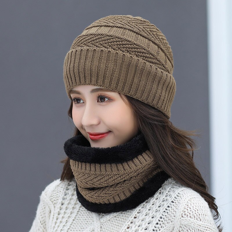 Gorro de invierno tejido, conjunto de bufanda, gorros gruesos de algodón para mujer, cuello, suave gorro de felpa que mantiene el calor para mujer: khaki
