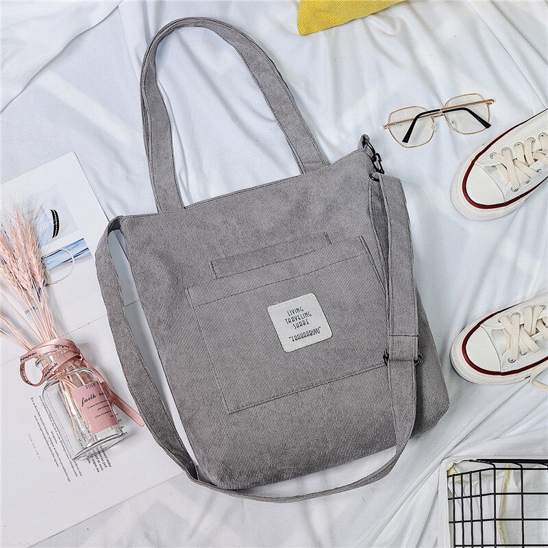 Women Warm Corduroy Tote Ladies Casual Canvas Shoulder Bag Soft Crossbody Bags Beach Bag Striped Cloth Female Handbag Books Bags: Gray