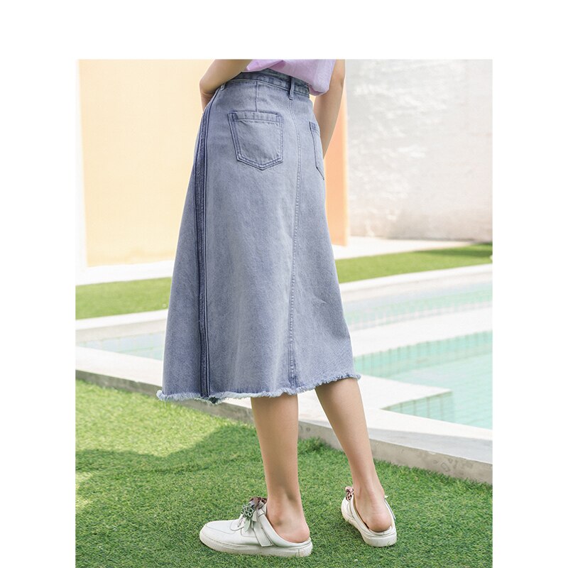 Inman Zomer Pure Katoen Wassen Tint Retro Alle-Wedstrijd A-lijn Beknopte Stijl Denim Rok