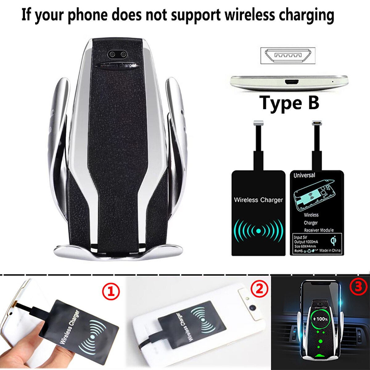 Qi Automatic Clamping Car Phone Holder Fast 10W Wireless Charging Car Charger Holder Mount Air Vent for iPhone X Max XR Samsung: Silver For Android B