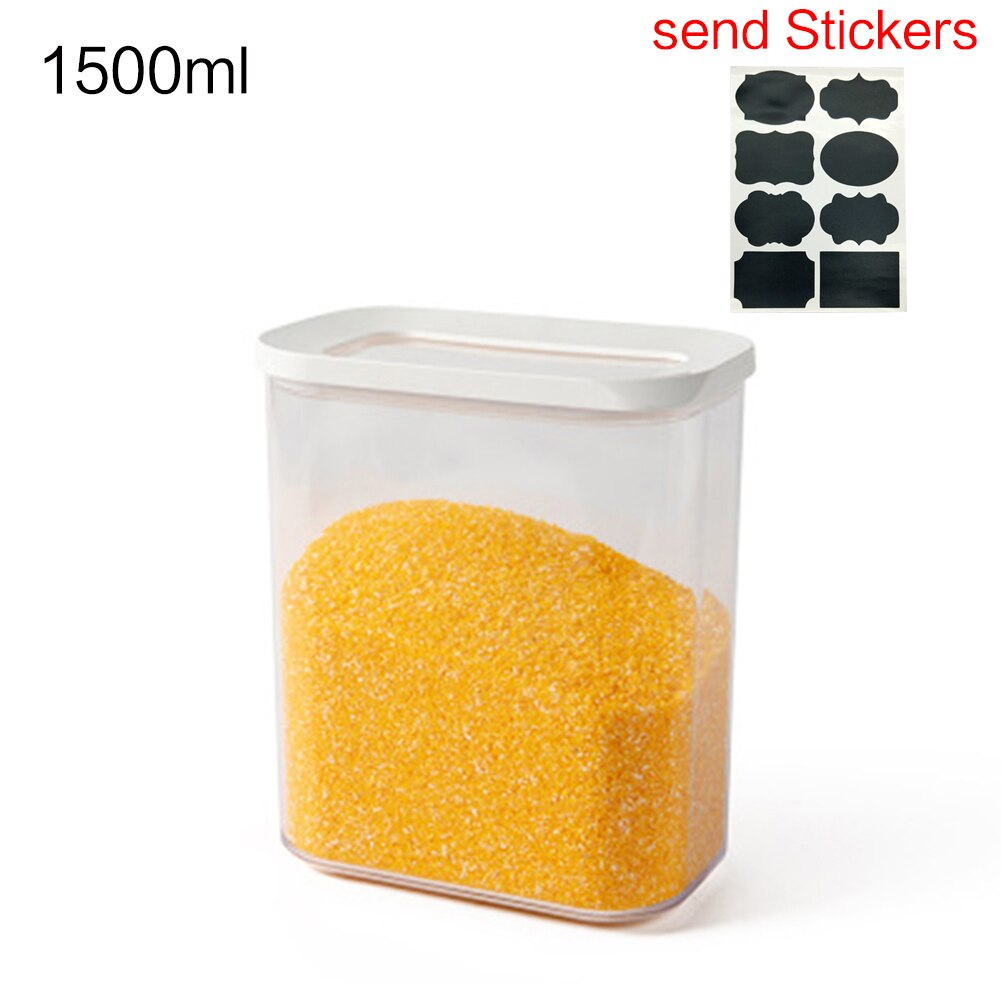 Plastic airtight jar kitchen storage box white lid food jar fresh-keeping transparent container sticker kitchen storage: 1500ml