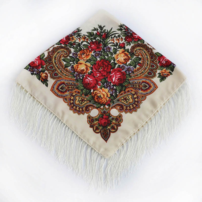 Chal de estilo ruso Pavlovo Posad, chal Vintage con estampado Floral, hiyab, bufanda con borlas, 35*35 '',: beige