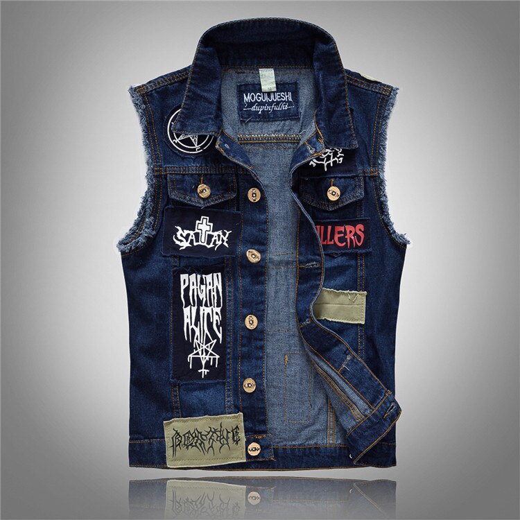 Faliza Hip Hop Mannen Patches Jeans Vest Ripped Denim Vest Mannen Denim Vest Man Mouwloos Jeans Vest Verzwakte MJ-101: XXXL