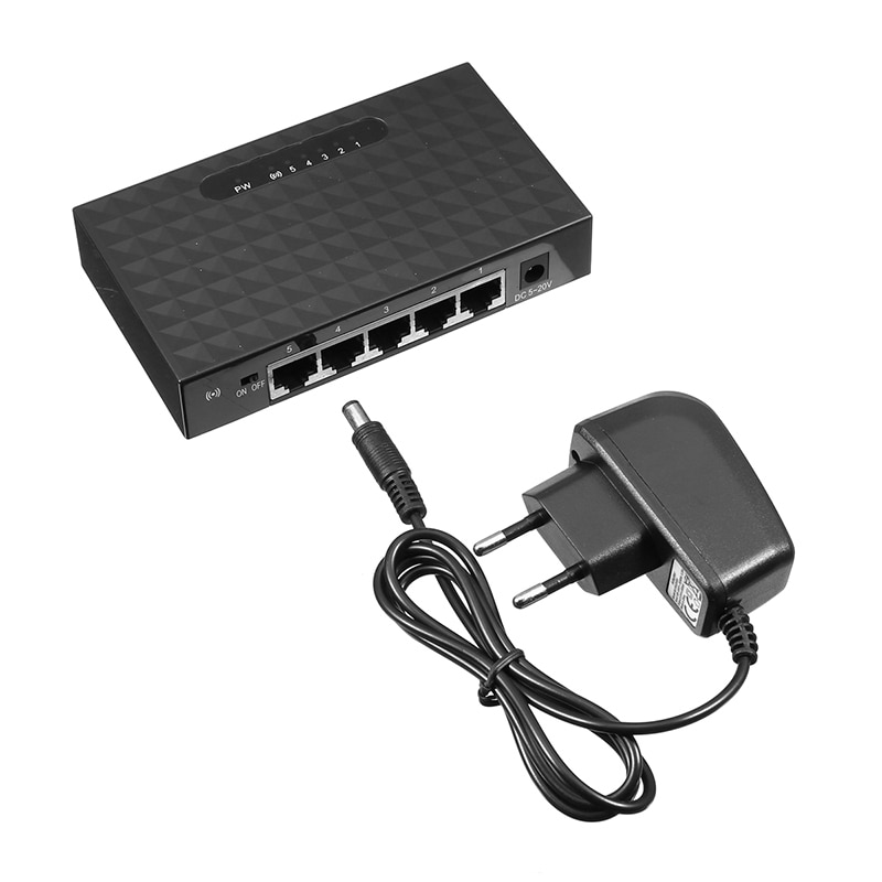 Ethernet internett-svitsjer hub lan nettverkskabel switch splitter shunt 5 port 10/100 mbps m/ strømadapter