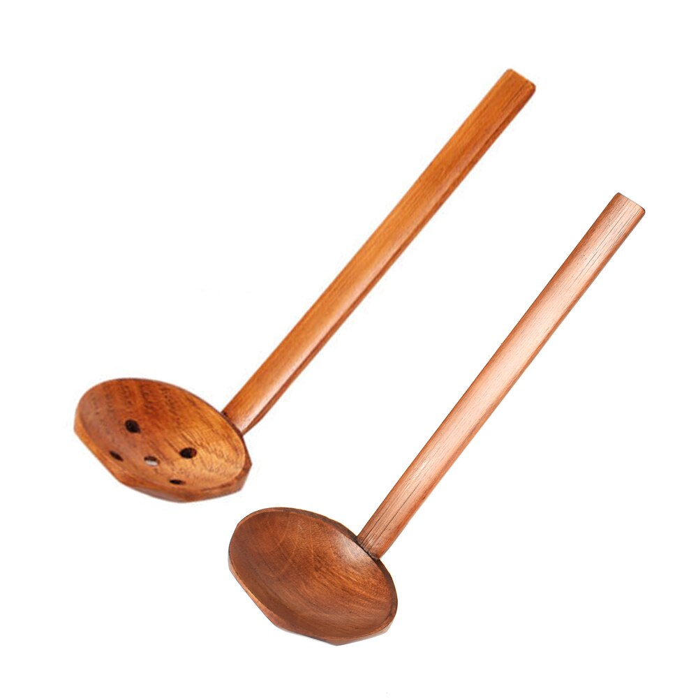 20F # Multi-Gebruik Natuur Massief Houten Pollepel Dienen Set Doorboord Tafel Lepel Pot Ramen Soep Buffet Sleuven lepel