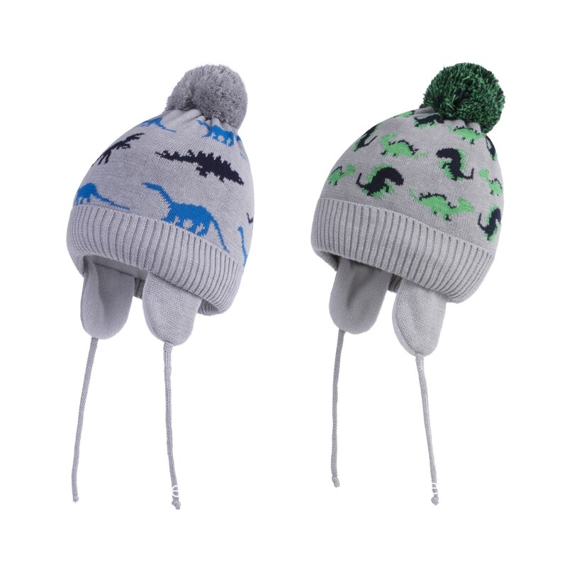 Toddler Baby Boys Cartoon Dinosaur Jacquard Beanie Warm Knitted Hat Earflap 54DA