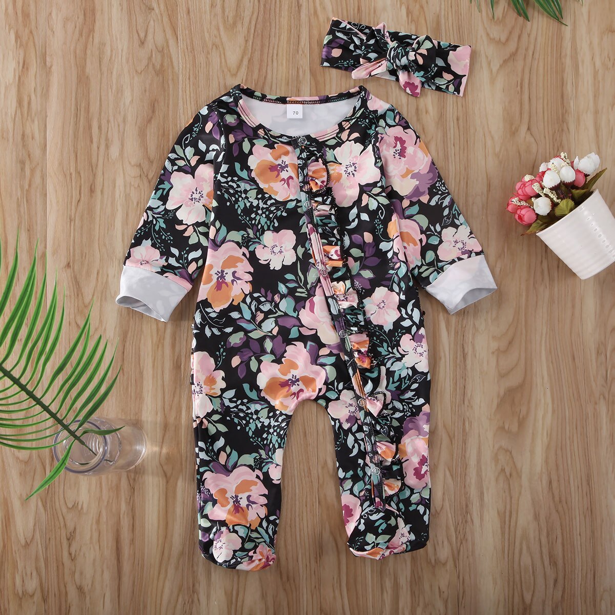 Leuke Pasgeboren Baby Meisjes Jongens 0-6M Footies Bloemenprint Lange Mouwen Ruches Single Breasted Playsuit Hoofdband Kleding outfits