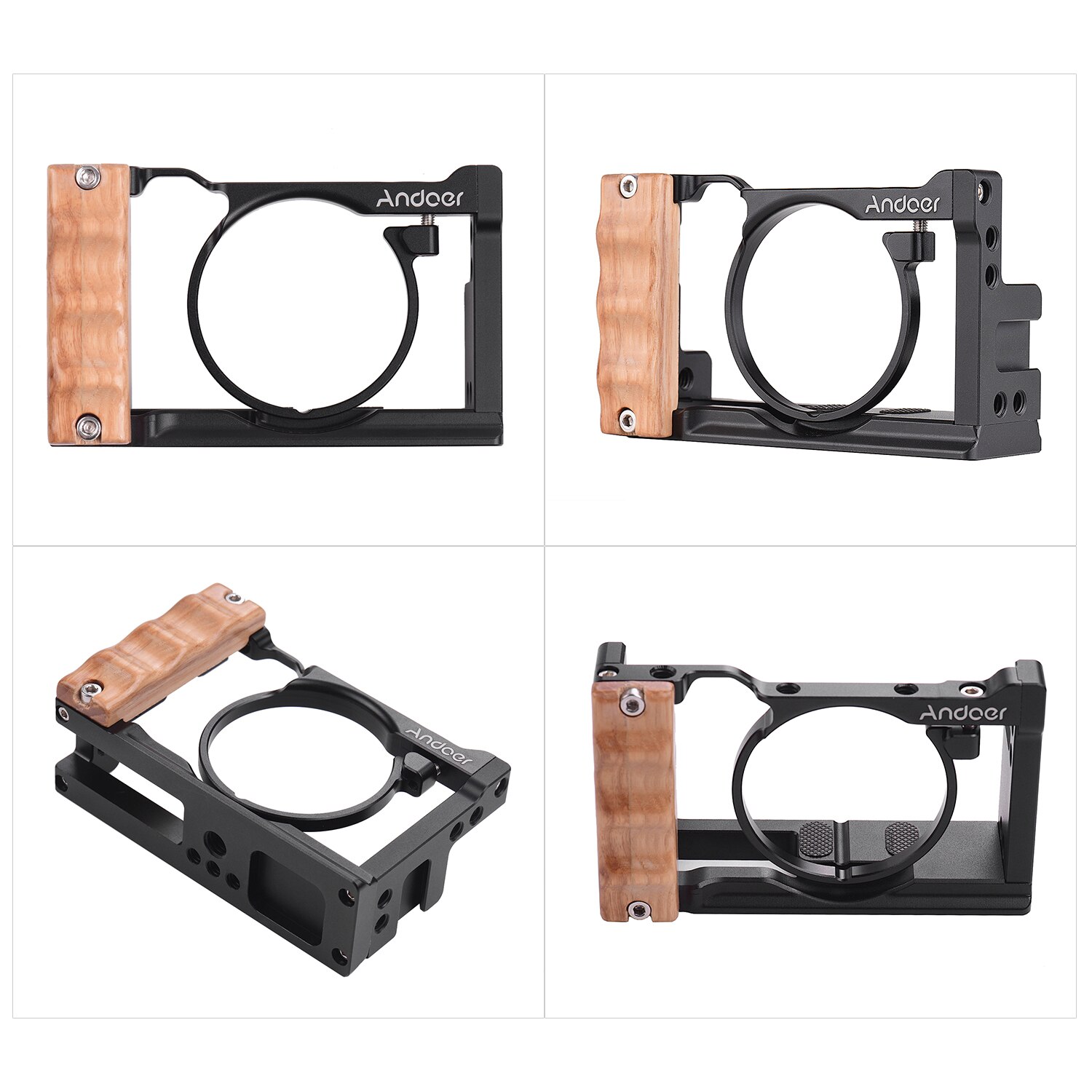 Andoer Metal Aluminum Camera Cage for Sony RX100 VI/VII with Cold Shoe Mount 1/4 Screw Wooden Hand Grip Vlogging Shooting