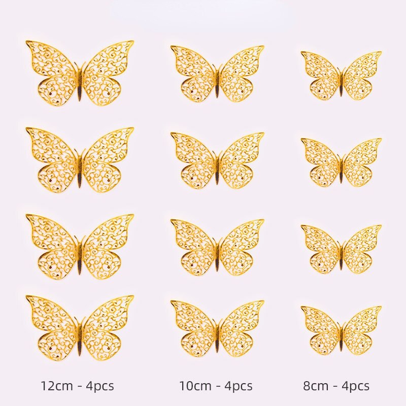 12 Stks/partij 3D Hollow Vlinder Muurstickers Goud Rose Goud Metallic Glans Stickers Diy Slaapkamer Woonkamer Feestelijke Decoratie: P / Rose gold