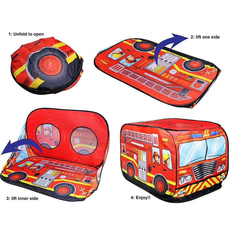 Tente de jeu pliable camion de pompier/Police Polyester tissu voiture modèle Playhouse extérieur pour les tout-petits facile à plier pop-up ouvert