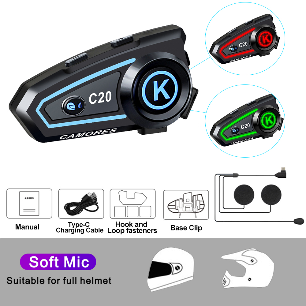 Motorcycle Helmet Headset Stereo Bluetooth Hands Free Call IPX7 Waterproof Roise Reduction Earphone With Tri-Color Ambient Light: Red
