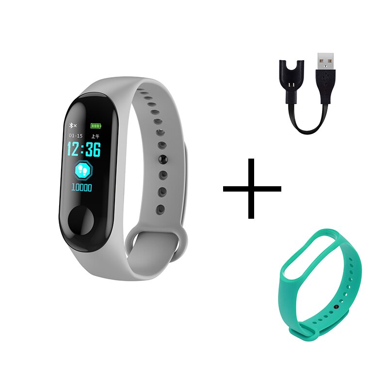 Draagbare sport  m3 fitness tracker horloge smartband waterdichte slimme armband bloeddruk hartslagmeter polsband mannen: Grijs cyaan