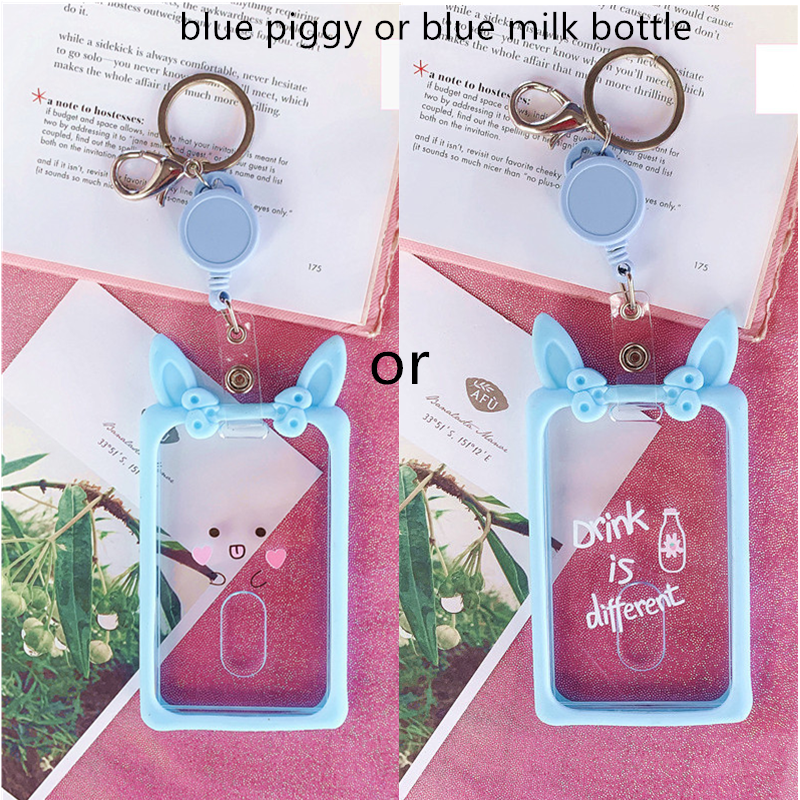 Leuke Ear Intrekbare Kaarthouder Piggy Melk Fles Student Bus Kaarthouder Pass Cover Sleutelhanger Badge Card Case Opbergtas: sky blue