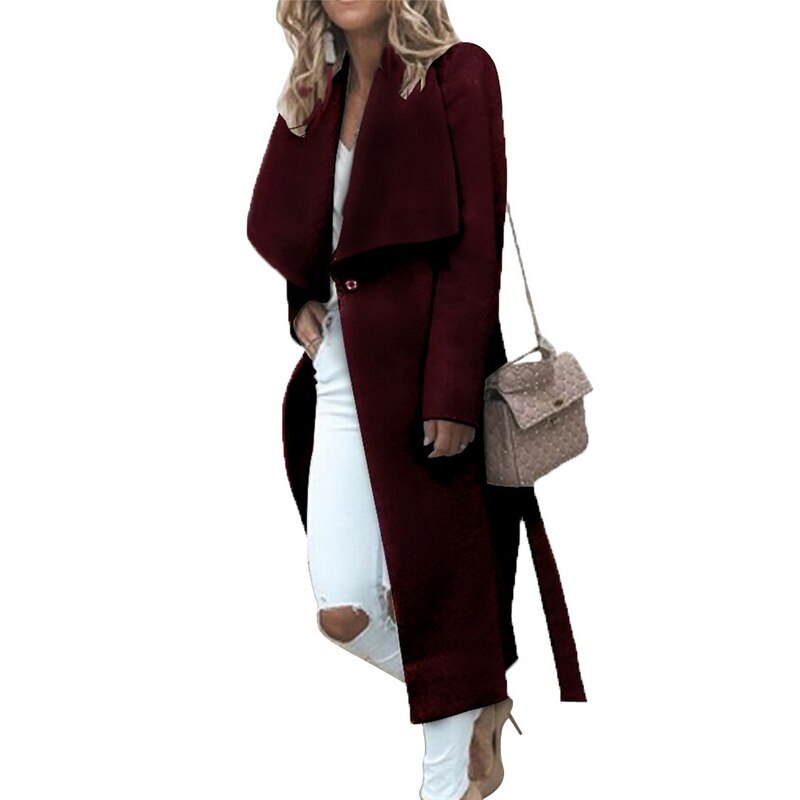 Abrigo de otoño para mujer, gabardina ajustada de Color liso, abrigo informal holgado de mezcla de lana, abrigo largo cálido de otoño e invierno de talla grande: Red Wine / XXL