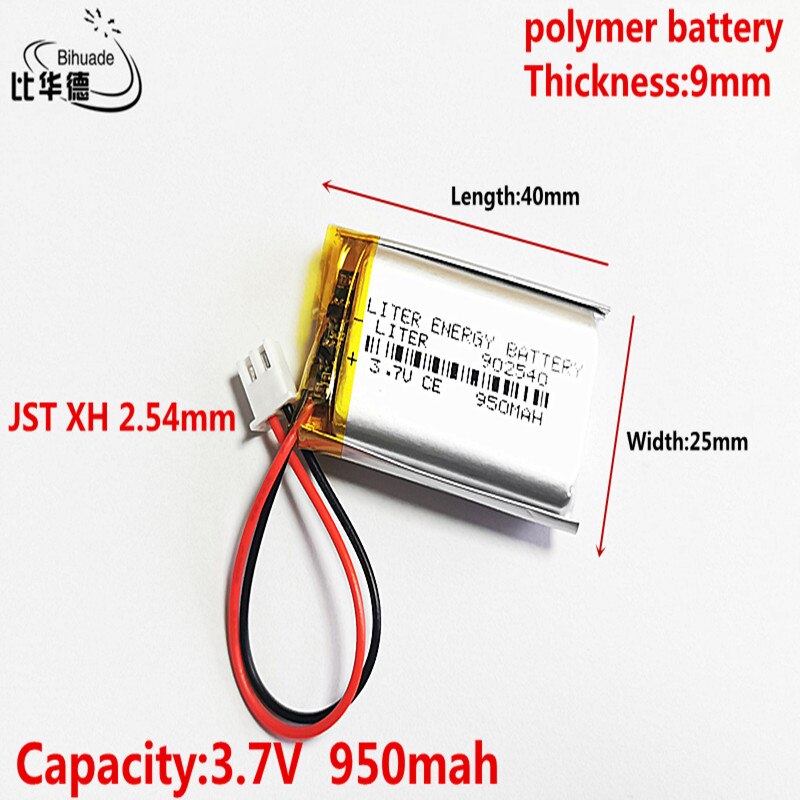 3.7V 950MAH 902540 JST XH 2.54mm Lithium Polymer LiPo Rechargeable Battery For Mp3 headphone PAD DVD bluetooth camera